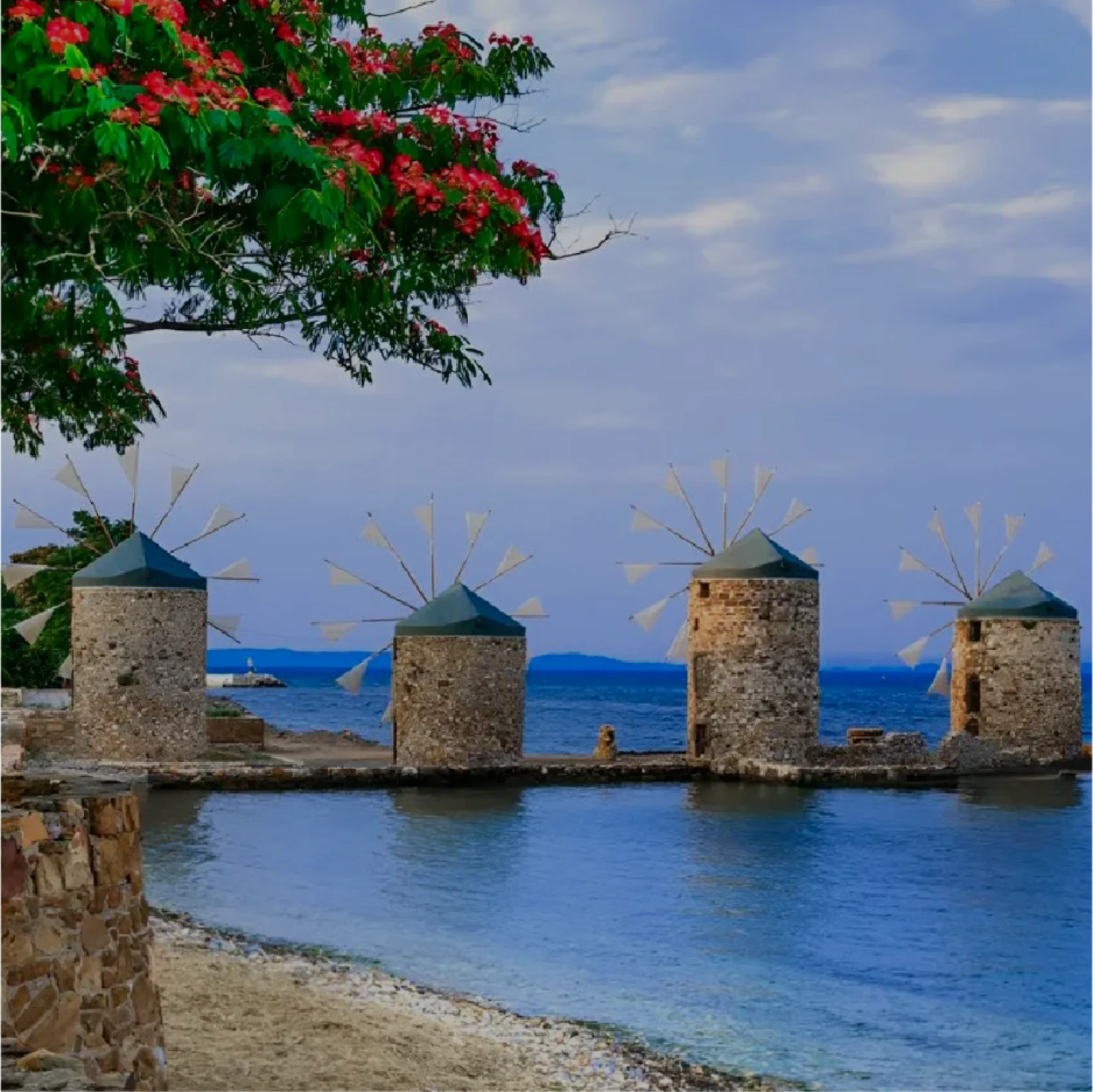 Sakız Adası’nda deniz kıyısındaki taş yel değirmenleri